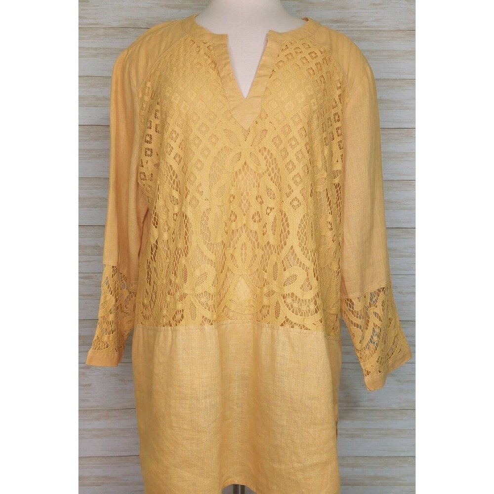 Chico's Women's Top Yellow Linen Lace Front Long Sleeve Tunic Shirt Blouse XL - Picture 2 of 14